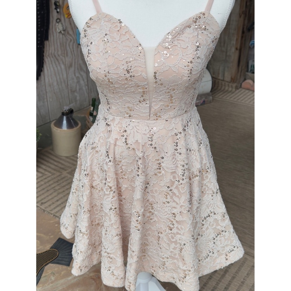 Xtraordinary Cream with Gold Sequin Lace Fit &‎ Flare Dress